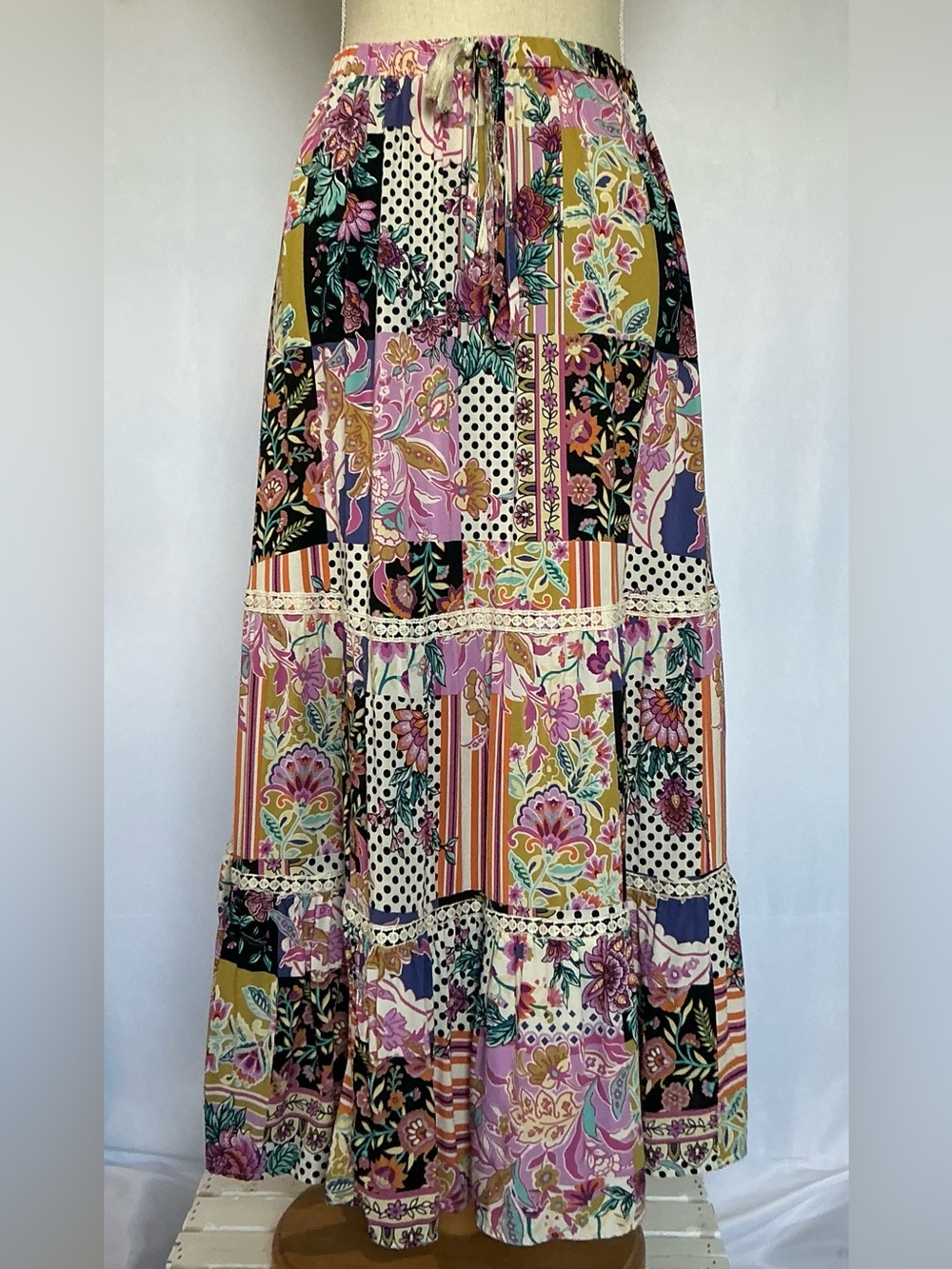 Indigo Rose Boho Patchwork Floral Tiered Maxi Skirt Large